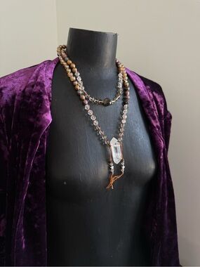 Clear Quartz, mookaite Jasper , Smokey Quartz beaded mala necklace pendant boho